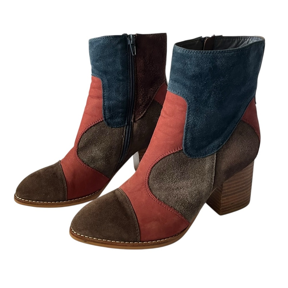 Jeffrey Campbell Colorblock Suede Ankle Boots in Teal, Rust & Brown